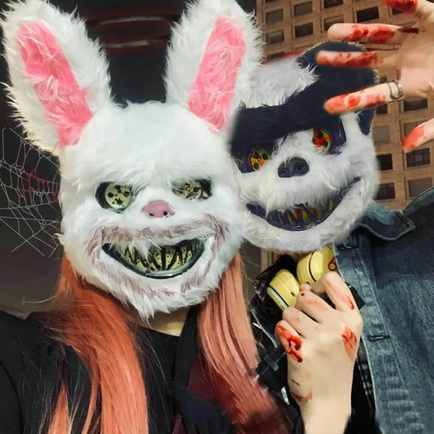 Luminous Halloween Scary Mask Bear Rabbit Bunny Mask, Bloody Plush Head Mask, Cosplay Costume Props Halloween Party Itaewon 이태원