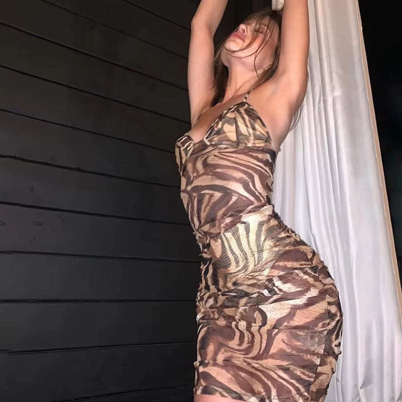 Low Cut V-Neck Sexy Leopard Ruched Dress Sleeveless Summer Sling Backless Slim Mini Dresses Street Casual Wear