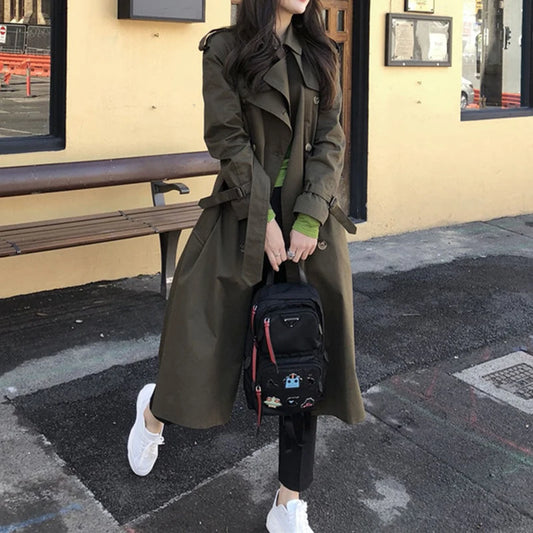 Vintage Double Breasted Loose Trench Coat for Women Belt Oversized Korean Boyfriend Long Trench Coat Windbreaker